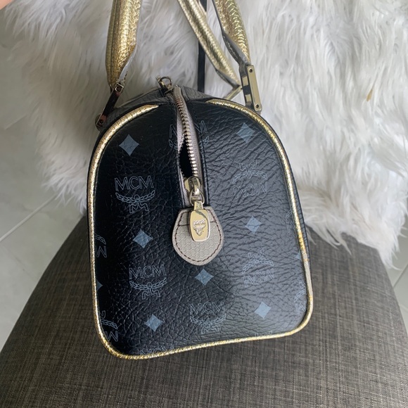 MCM Black Logo Leather Satchel with Gold Handles and Pink, Tan, Cream Panels - Picture 4 of 12